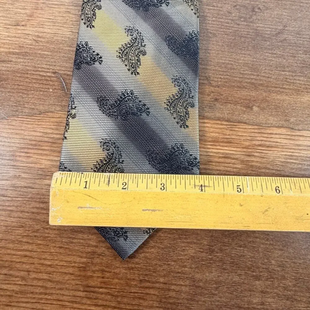 Vintage Studio Milano Handmade Gold Striped Paisley Silk Blend Necktie